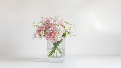 Fototapeta premium light gray soft background with transparent vase with flowers