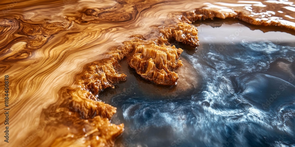 Wall mural Epoxy resin casting with a burl wood background creates a stunning visual effect. This epoxy resin casting showcases the rich textures of burl wood while enhancing the overall aesthetic appeal.