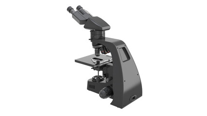 A professional microscope, used as a essential tool in science, pharmaceuticals, and microbiology. Black design. Isolated. Transparent background. PNG. 3d illustration