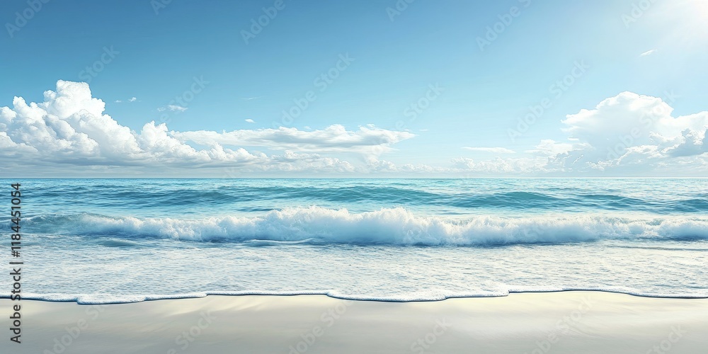 Poster a serene coastal view features gentle waves blending seamlessly into a clear blue sky, creating a pe