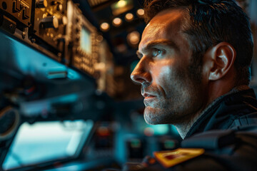 Fototapeta premium Generative AI image of confident ship captain aboard cruise liner, showcasing marine travel themes