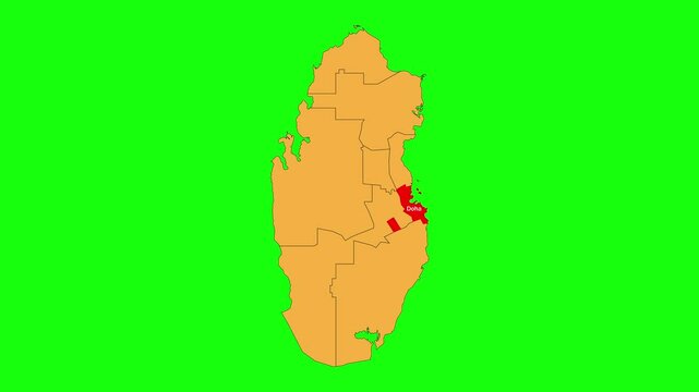 Doha map animated video. The location is highlighted on the Qatar map. Colour map with Green screen background in video format.	