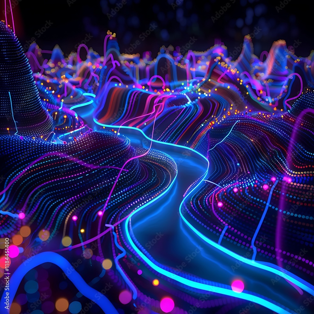 Poster abstract glowing topographic landscape with flowing lines and vibrant dots. digital representation o
