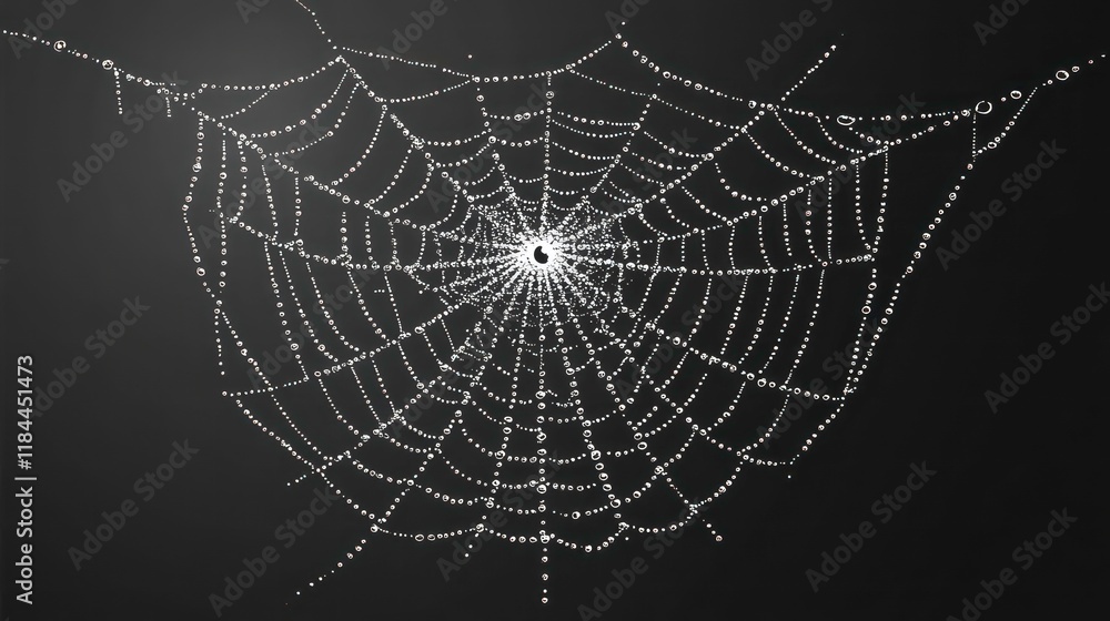 Poster spider web with dew drops on a dark background close up.