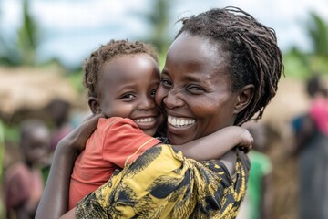 Mother joyfully embraces her child after recovery in a vibrant outdoor setting