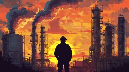 Industrial sunset worker silhouette amidst oil refinery urban setting digital art vibrant atmosphere dramatic perspective