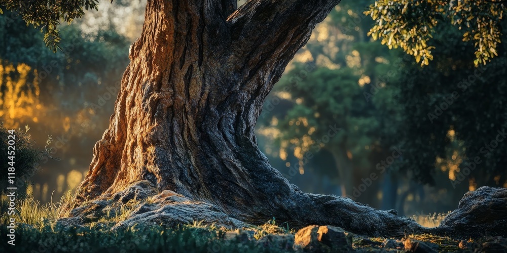 Poster impressive portrait showcasing a large tree trunk set in a natural environment, highlighting the int