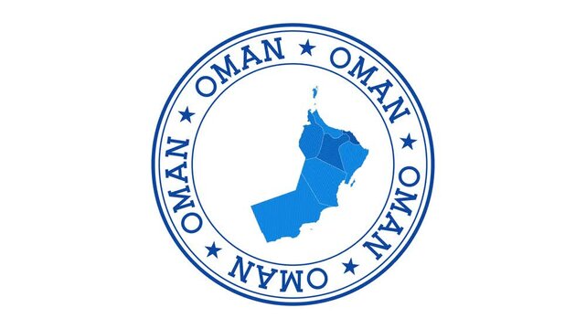 Oman intro. Badge with the circular name and map of country. Oman round logo animation.