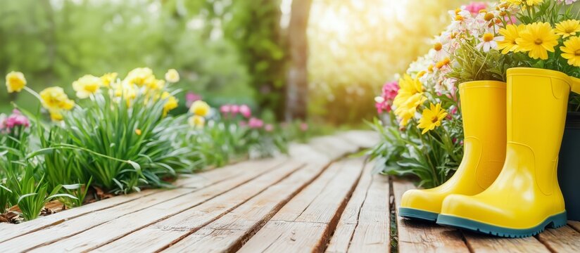 Yellow boots and colorful flowers on wooden path in sunlit garden - Powered by Adobe