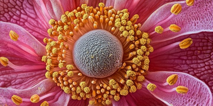 Pollen grains and anther of a flower examined under a microscope, showcasing the intricate details of pollen grains for educational purposes in a scientific context.