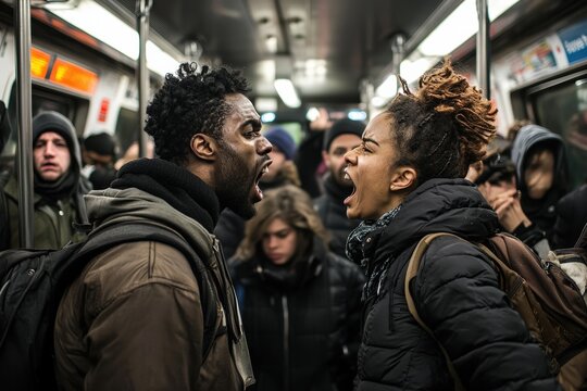 A couple in a heated exchange on a crowded subway, with commuters glancing nervously