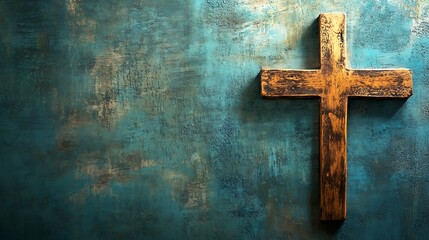 Rustic Wooden Cross on Teal Textured Background: A Serene Religious Image