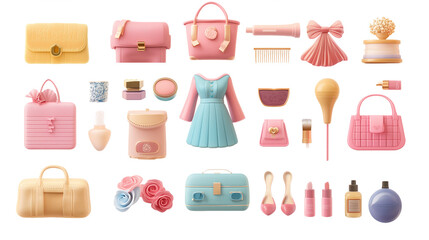 Collection of pastel fashion accessories in a doll style, items isolated on a white background