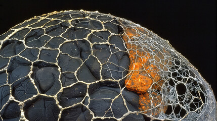 Aging human brain model with subtle cracks and fading colors, symbolizing cognitive decline and mental health. Concept of aging, neuroscience, and mental wellness.