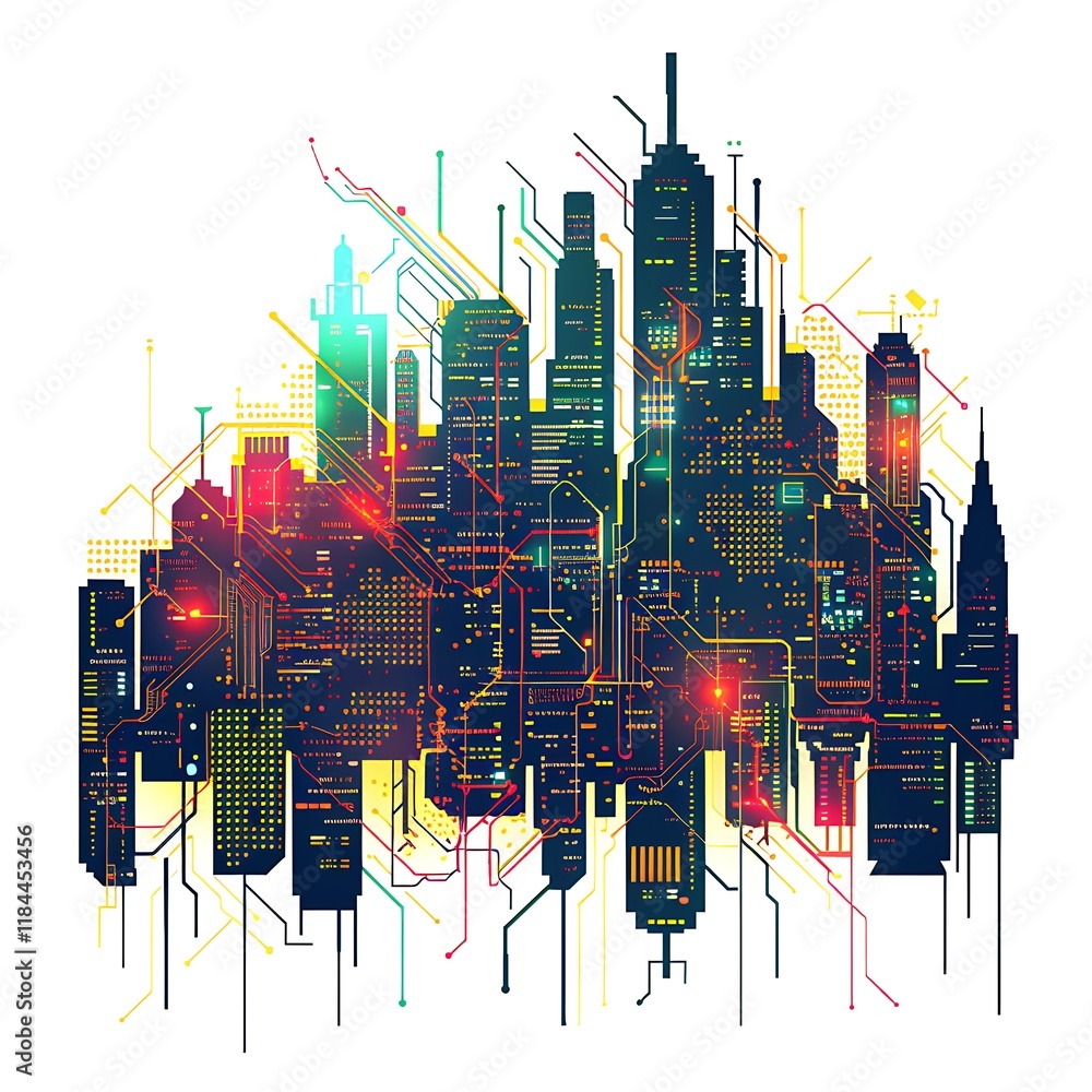 Poster stylized futuristic cityscape with glowing circuit patterns overlaid on buildings. abstract digital 