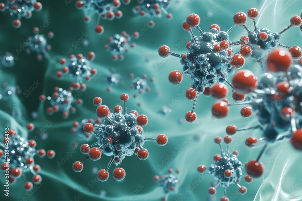 Poster nanoparticles arranged in an abstract formation on a fluid background