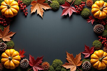 Autumn Background with Decorative Pumpkins, Maple Leaves, and Berries Perfect for Fall and Halloween Themes
