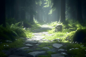 Fototapeta premium Mystical forest path, sunlight filtering through trees, stone walkway, lush greenery, ferns, wildflowers, tranquil scene, magical atmosphere, peaceful nature.