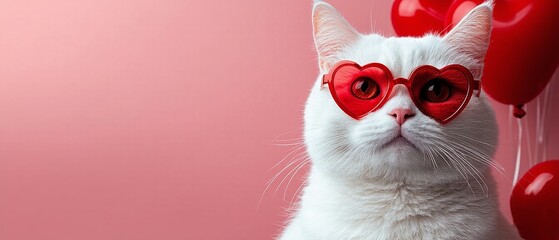 White cat wearing heart-shaped glasses for Valentine's Day greetings, in a funny banner with copy space for text. Generative AI