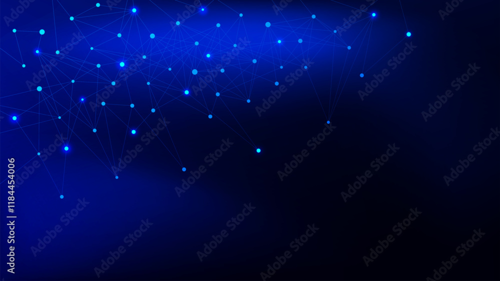 Poster abstract digital network of sparkling glowing dots and interconnected lines on dark blue background.