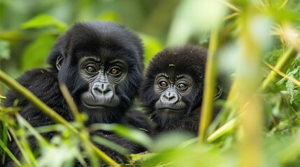 Obraz premium A Couple of Two Gorillas Sitting Next to Each Other in the Woods - Generative AI