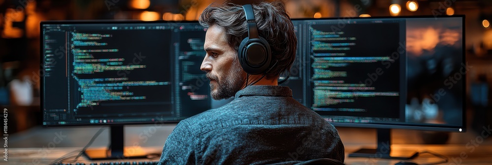 Aufkleber programmer focuses intently on dual monitors while wearing headphones in a modern workspace
