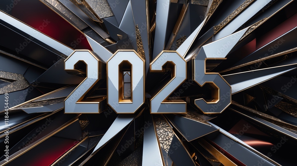 Poster a dynamic 3d design featuring the year 2025 in bold, metallic numbers amidst sharp geometric shapes.