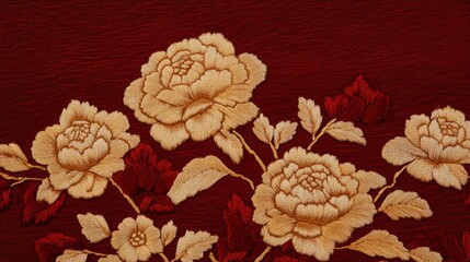 Elegant Embroidery of Flowers on Deep Red Fabric Background