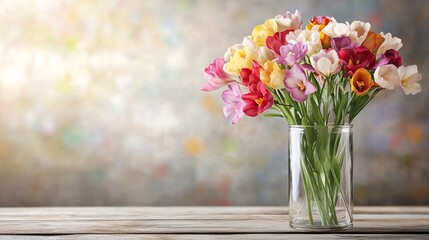 Vibrant Tulips in an Elegant Vase on a Rustic Wooden Table Creating a Cheerful and Warm Atmosphere