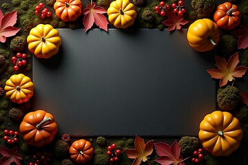 Fototapeta premium Festive Autumn Frame with Pumpkins, Vibrant Leaves, Berries, and Pinecones for Seasonal Decorations