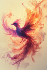 Fototapeta premium Glittering pink and purple phoenix emerging from subtle abstract smoke, suspended on a plain beige backdrop,
