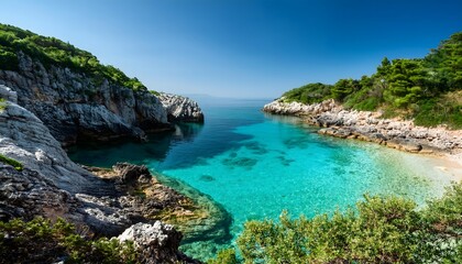 Naklejka premium Stunning Turquoise Cove Secluded Beach Clear Water Summer Vacation Island Paradise