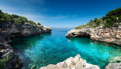 Turquoise Cove Secluded Beach Crystal Clear Water Scenic Rocks Summer Vacation