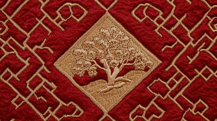 Elegant Gold Tree Embroidery on Rich Red Fabric for Decoration