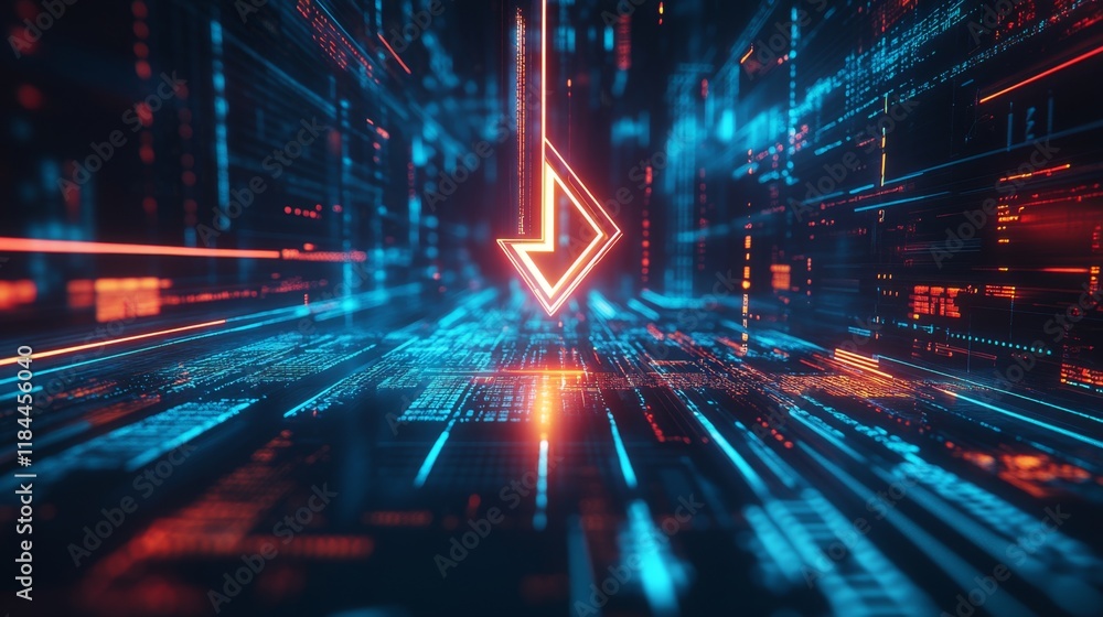 Poster dynamic digital arrow descending through cyber space futuristic environment graphic representation o