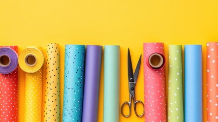 Colorful Wrapping Paper and Scissors on Yellow Background