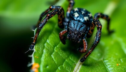 Black and Orange Jumping Spider on Green Leaf: A Macro Close-up