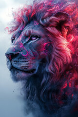Surreal lion with swirling pink and purple patterns in its mane, isolated on a neutral gray backdrop,