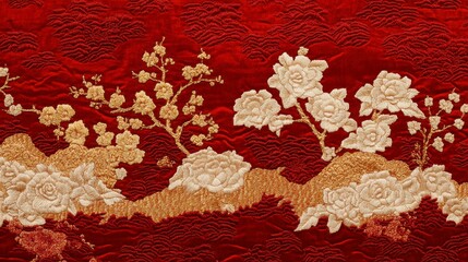 Elegant Floral Embroidery on Rich Red Silk Fabric Background
