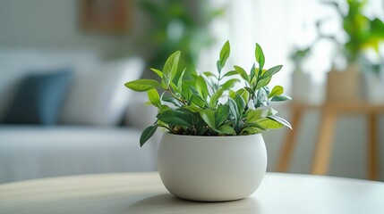 Lush Green Plant in Elegant White Pot on Minimalist Table Creating a Calm and Inviting Atmosphere