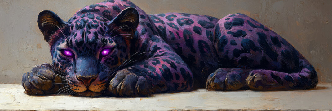 Mythical leopard with elongated magenta rosettes and glowing lilac eyes, crouched on a pale off-white floor,