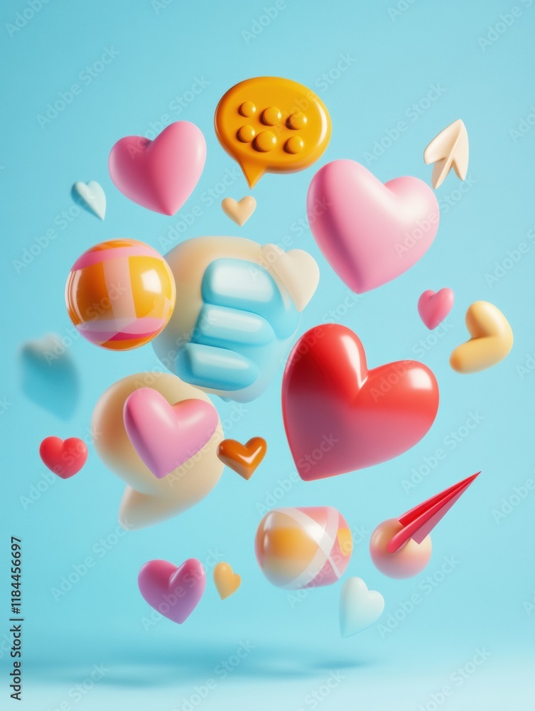 Leinwandbilder Floating 3D chat bubbles and colorful hearts create a vibrant digital conversation in a whimsical setting. Generative AI