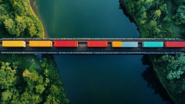 Train cargo transport over waterway scenic bridge aerial view nature surroundings industrial concept