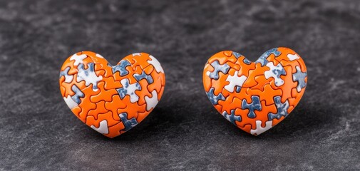 Two colorful puzzle heart shapes symbolize love and connection, perfect for representing relationships, commitment, or creative hobbies. February valentine day