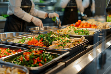 Obraz premium Vibrant College Canteen and Professional Kitchen Setup for School and University Dining cooking place, Generative AI