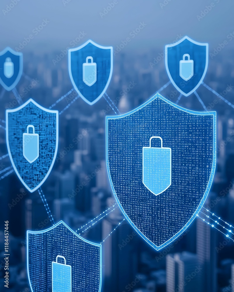 Poster a digital representation of cybersecurity, showcasing interconnected shields with padlocks over a ci