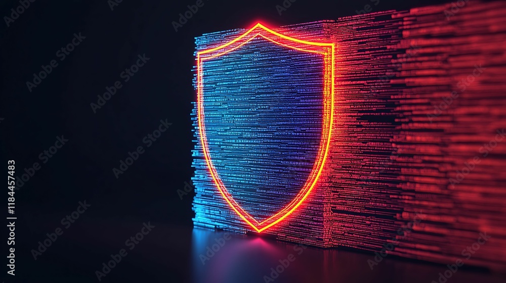 Poster a glowing shield in neon colors against a textured backdrop, symbolizing security and protection in 