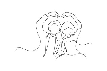 Cute couple making heart shape with hands one-line art drawing. Vector illustration