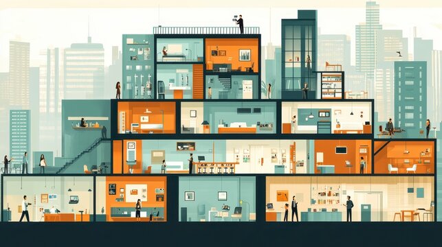 Cross Section City Building Interior Diverse People Working Living in Urban Apartments