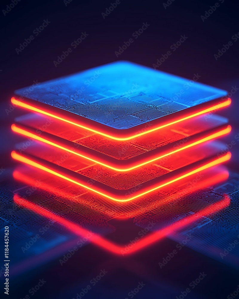 Poster a futuristic, glowing stack of layers with blue and red neon lights, symbolizing technology and data
